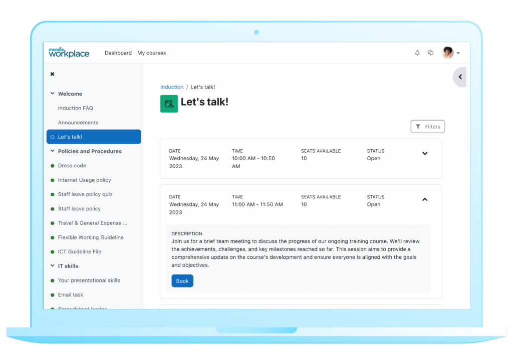 expandable UI to navigate and book sessions